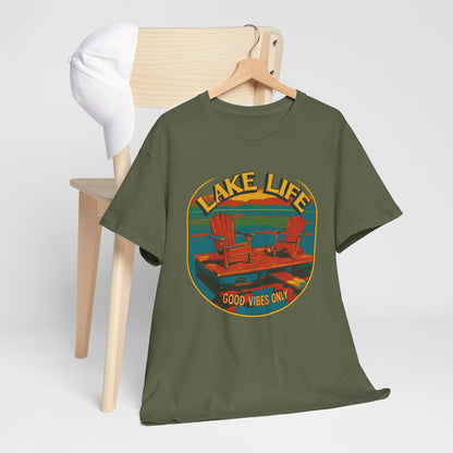 Lake Life Good Vibes Tee — Retro Dock Sunset Outdoor | Root to Peak